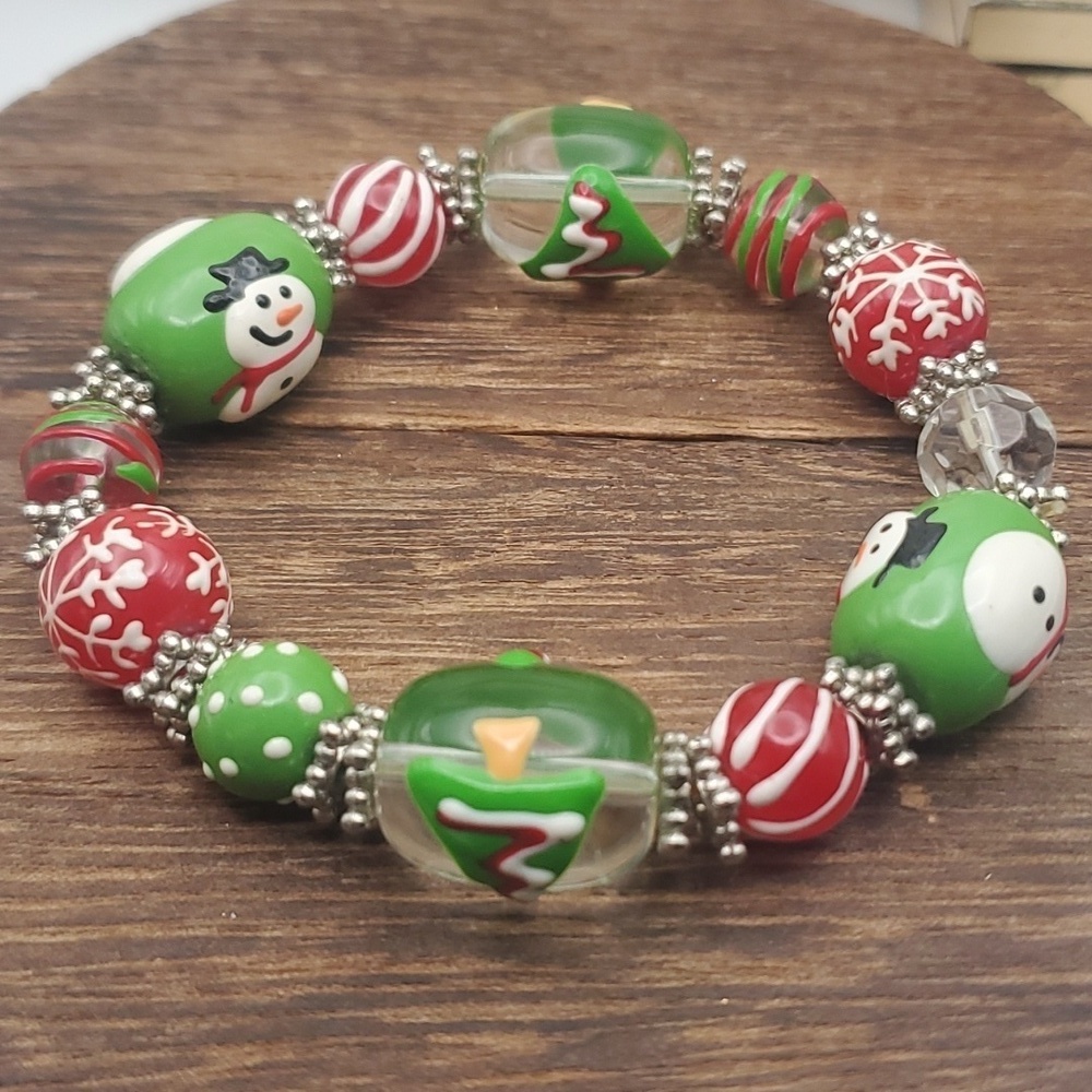 Hand-blown artisan glass seasonal Christmas holiday‎ bracelet B2017